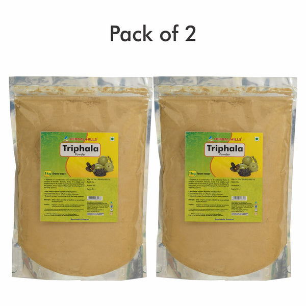 Herbal Hills Triphala 1 kg Powder - (Pack of 2) Natural and Pure Triphala Churna blend (Amla, Harad, Baheda) in a pouch for Healthy Digestion