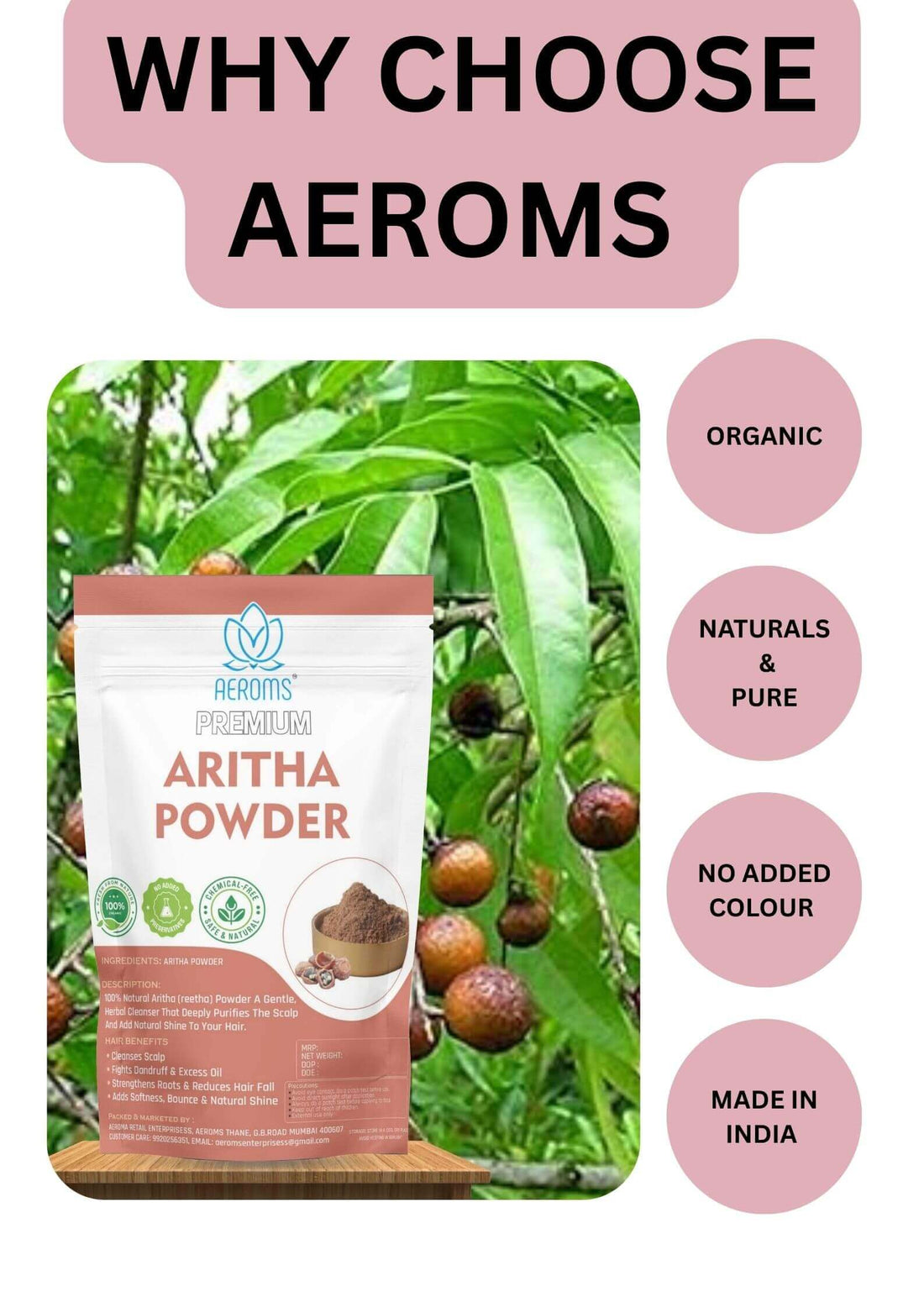 Aeroms - Aritha Powder (Reetha) – Natural Herbal Cleanser for Hair100% Organic | Sulfate-Free Cleansing | Anti-Dandruff | Promotes Strong & Shiny Hair - Lonavalafoods.com