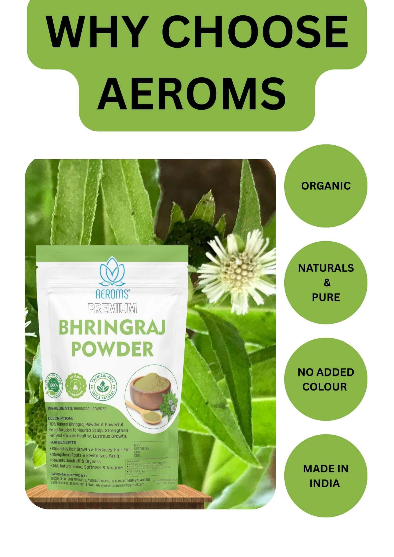 Aeroms -  Bhringraj Powder – Ayurvedic Hair Growth & Scalp Nourishing Treatment100% Natural | Reduces Hair Fall & Dandruff | Promotes Thicker, Longer & Stronger Hair | Prevents Premature Greying - Lonavalafoods.com
