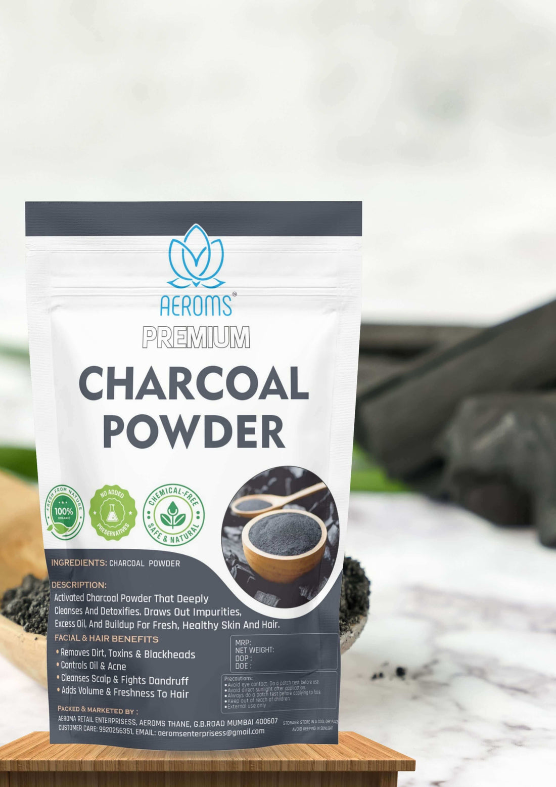 Aeroms - Charcoal Powder for Face & Hair – Deep Cleansing Detox Mask100% Pure & Natural | Removes Blackheads & Impurities | Instant Fresh & Clear Skin - Lonavalafoods.com
