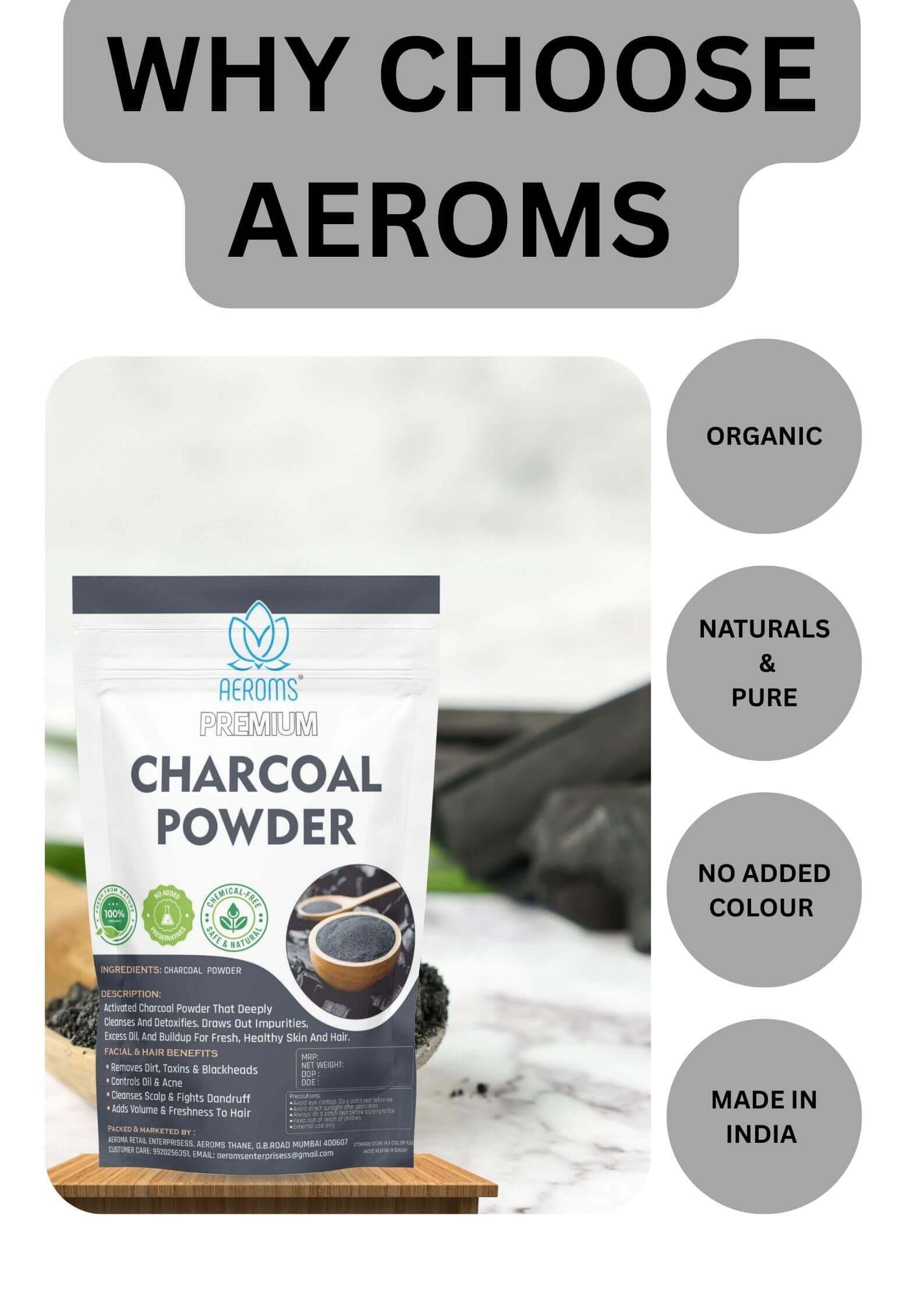 Aeroms - Charcoal Powder for Face & Hair – Deep Cleansing Detox Mask100% Pure & Natural | Removes Blackheads & Impurities | Instant Fresh & Clear Skin - Lonavalafoods.com