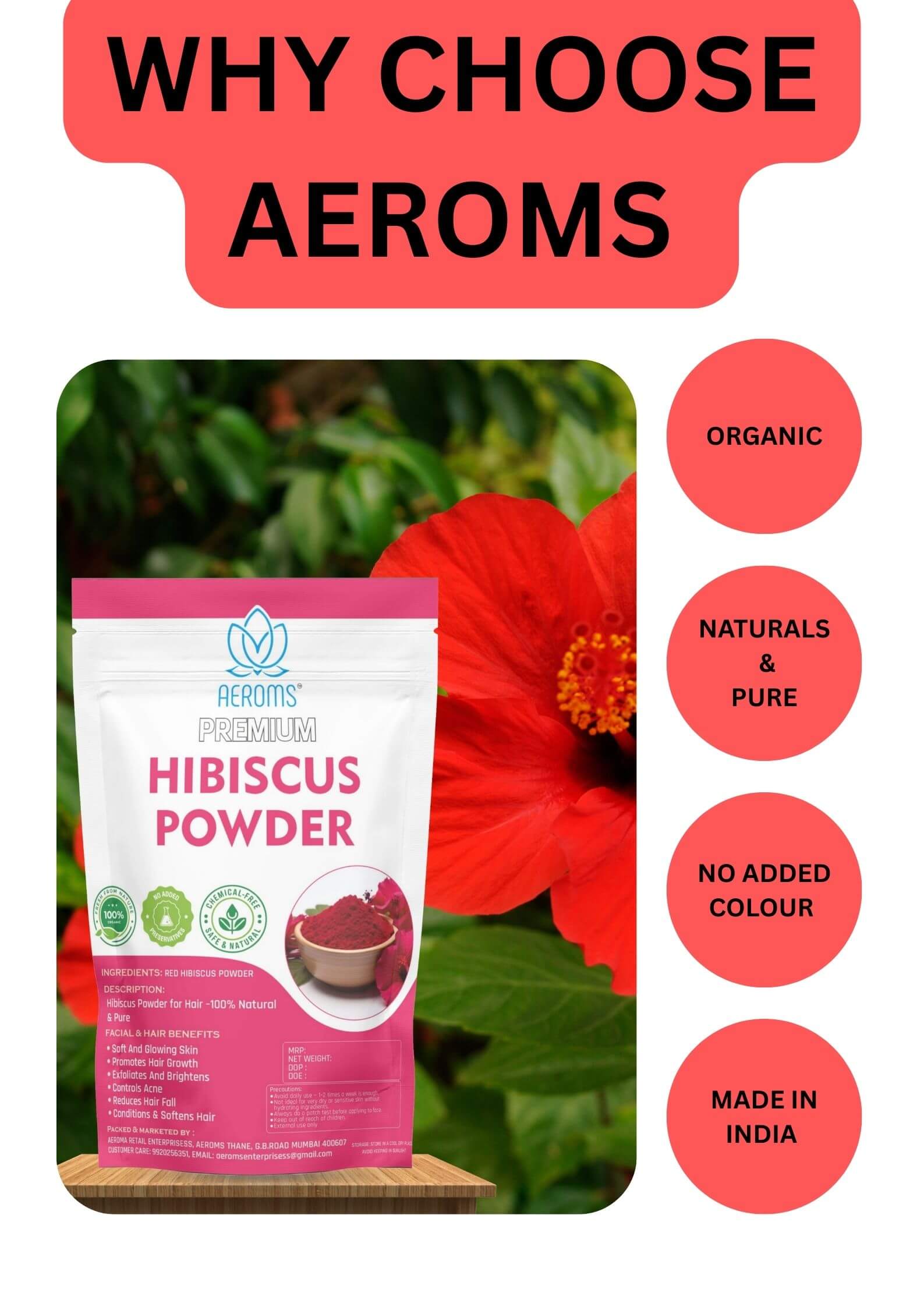 Hibiscus Petal Powder - Aeroms 100% Pure Hibiscus Petal Powder | Natural Hair Conditioner & Scalp Health - Lonavalafoods.com
