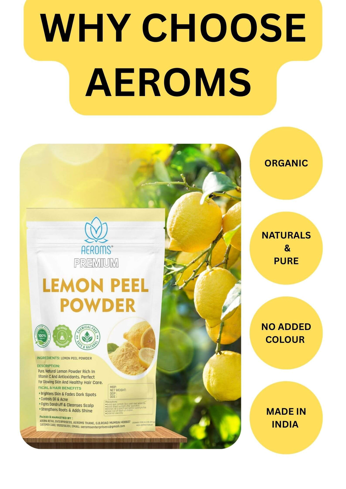 Aeroms Lmon Peel Powder | Pure & Natural,Pure & Natural Lemon Peel Powder | Skin Brightening, Tan Removal, Acne Control & Dandruff Care | Vitamin C Rich | 100% Chemical-Free & Fine Micro Powder - Lonavalafoods.com
