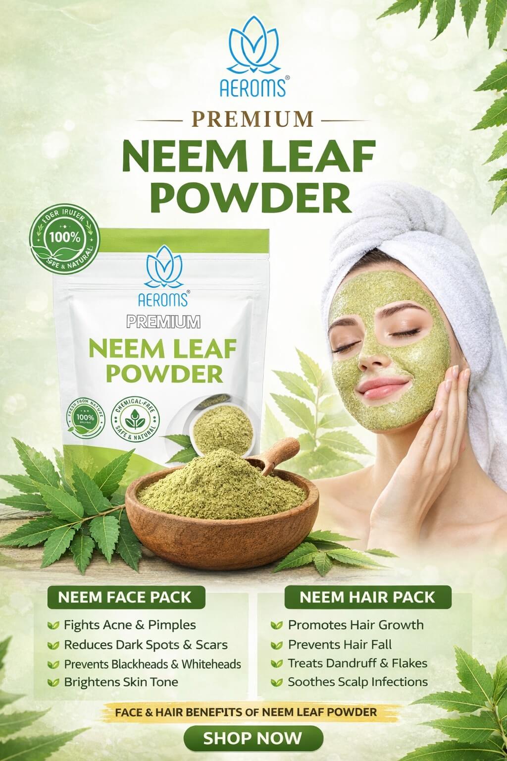 Neem Leaf Powder - Aeroms 100% Pure Neem Leaf Powder | Anti-Acne & Scalp Care - Lonavalafoods.com