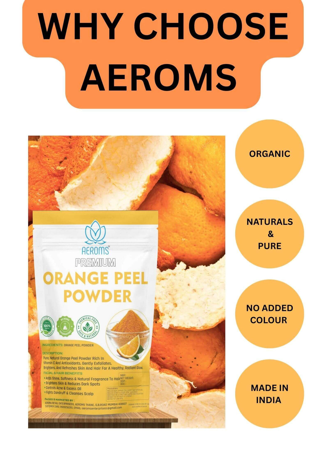 Aeroms - Pure Orange Peel Powder for Skin & Hair – Natural Vitamin C Glow100% Organic | Skin Brightening | Anti-Acne & Anti-Tan | Pore Tightening & Oil Control. - Lonavalafoods.com