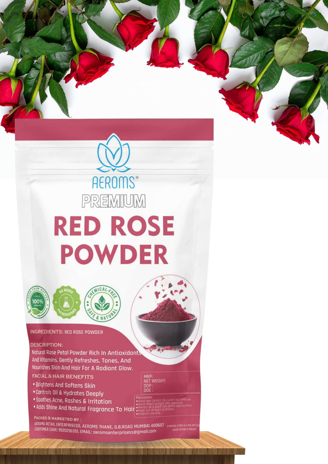 Aeroms Pure & Natural Red Rose Powder | Skin Brightening, Glow, Anti-Aging & Tan Removal | 100% Organic Face Pack Powder | For Radiant Soft Skin & Healthy Hair. - Lonavalafoods.com