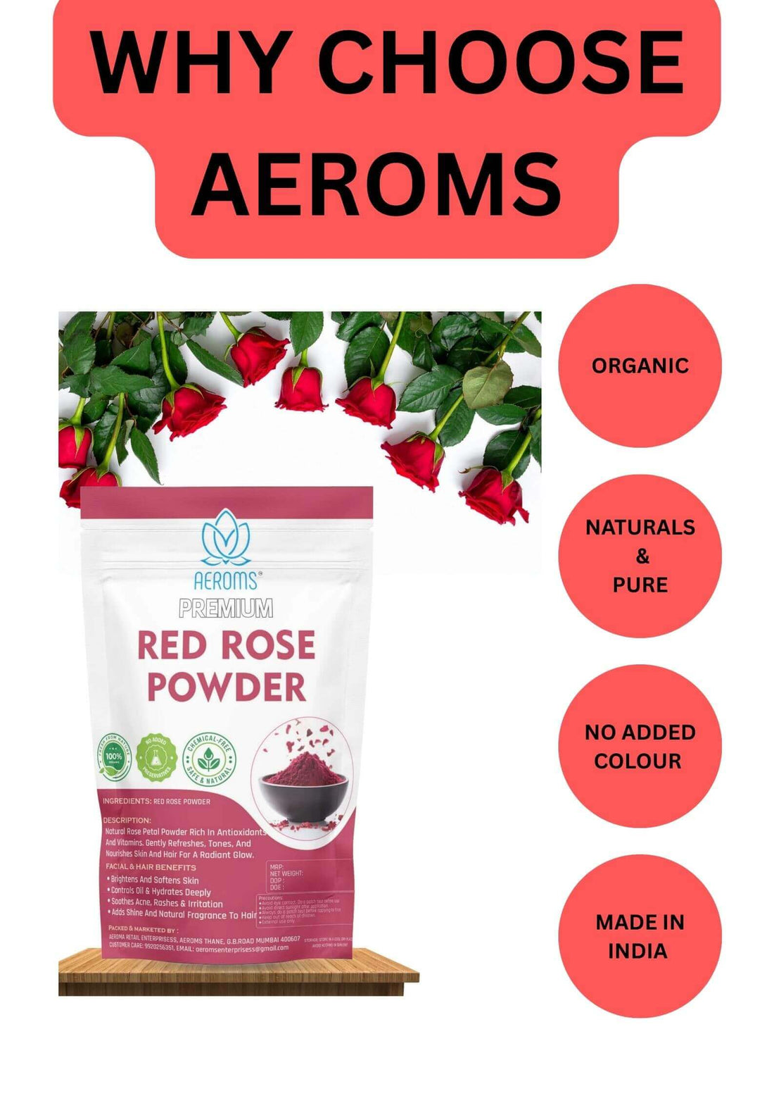Aeroms Pure & Natural Red Rose Powder | Skin Brightening, Glow, Anti-Aging & Tan Removal | 100% Organic Face Pack Powder | For Radiant Soft Skin & Healthy Hair. - Lonavalafoods.com