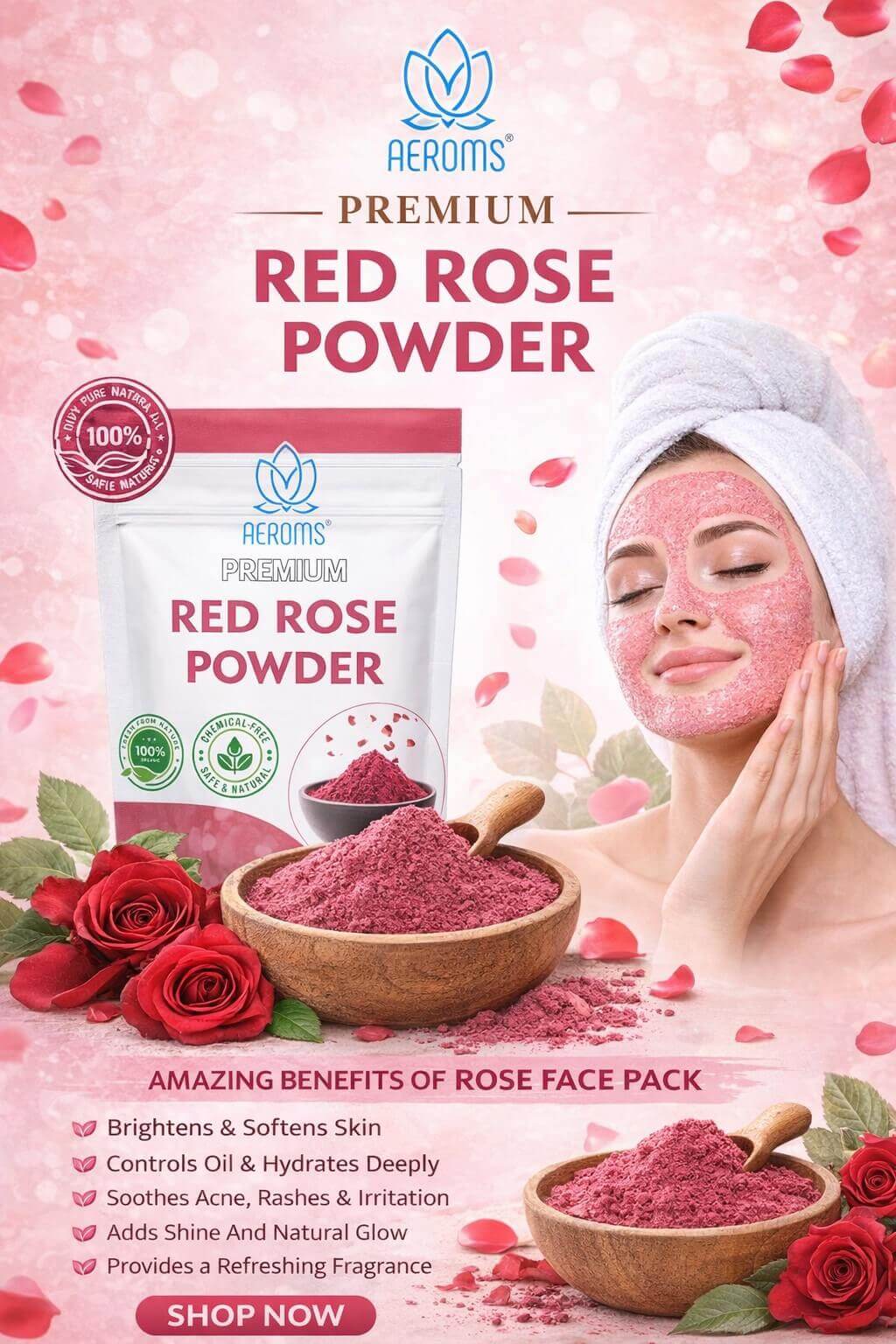 Aeroms Pure & Natural Red Rose Powder | Skin Brightening, Glow, Anti-Aging & Tan Removal | 100% Organic Face Pack Powder | For Radiant Soft Skin & Healthy Hair. - Lonavalafoods.com