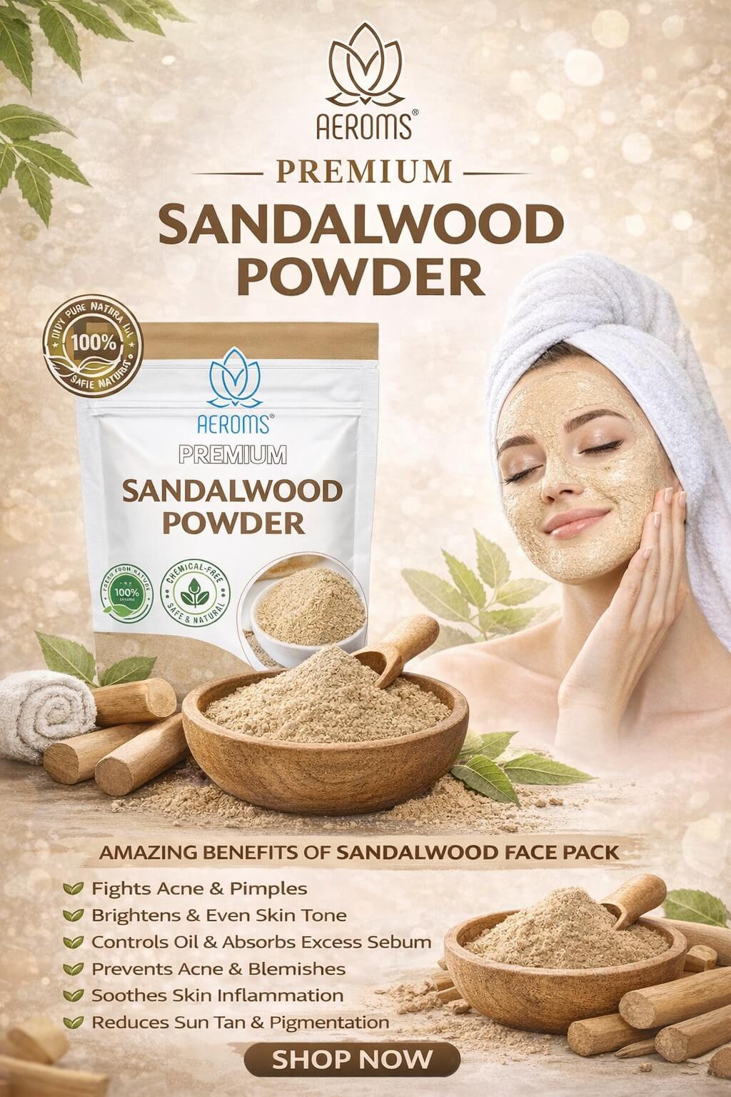 Aeroms Sandalwood & Multani Mitti Face Pack Powder | Skin Brightening, Tan Removal, Acne & Oil Control | 100% Natural & Chemical-Free | For Glowing Clear Skin - Lonavalafoods.com