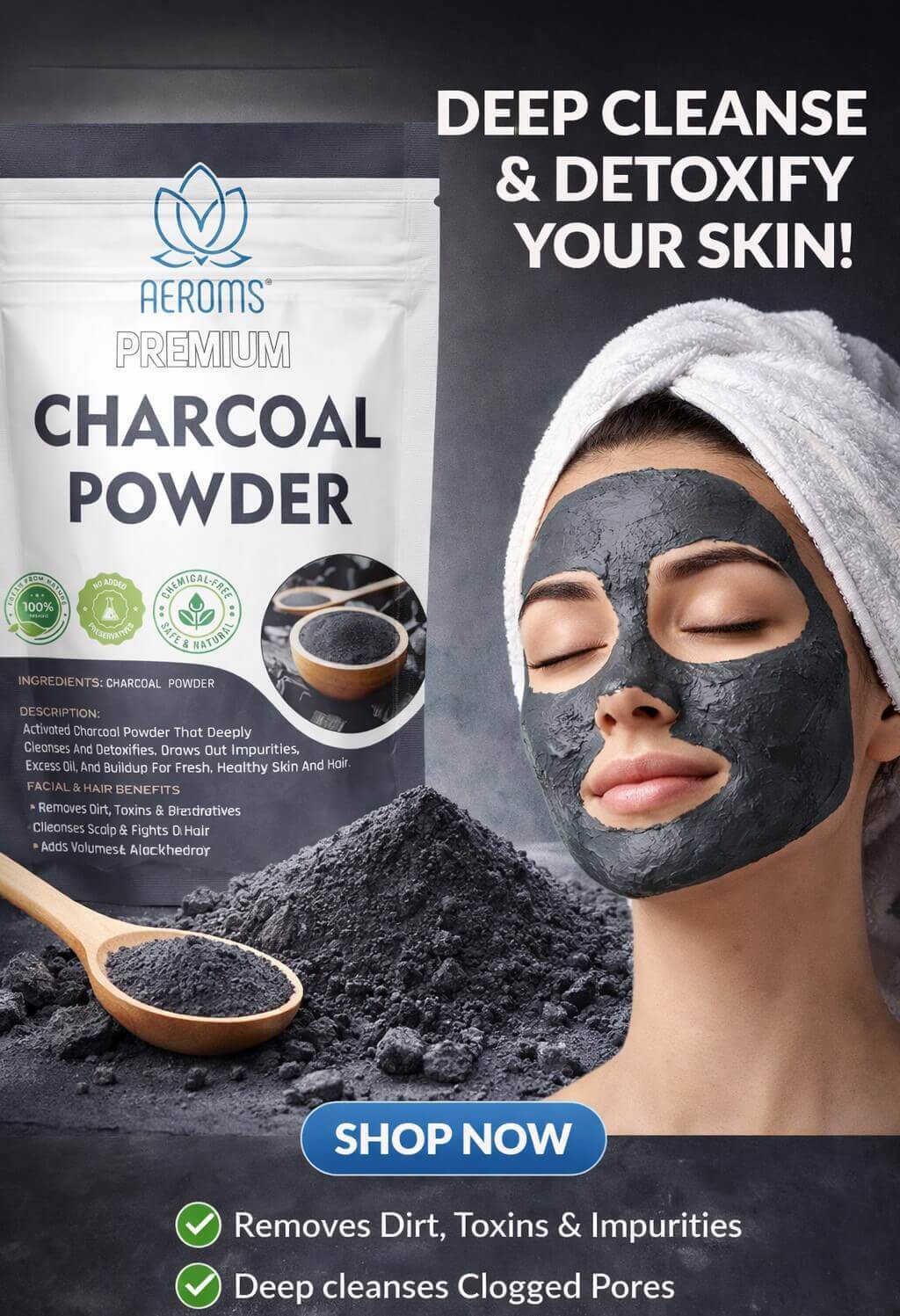 Aeroms - Charcoal Powder for Face & Hair – Deep Cleansing Detox Mask100% Pure & Natural | Removes Blackheads & Impurities | Instant Fresh & Clear Skin - Lonavalafoods.com