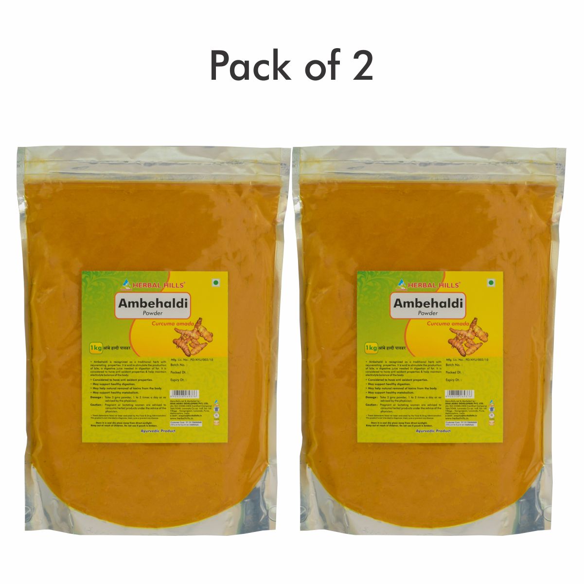 Herbal Hills Ambehaldi Powder - 1 kg powder (Pack of 2) Premium Quality Amba Haldi Powder - Skin Care, metabolism and anti-inflammatory