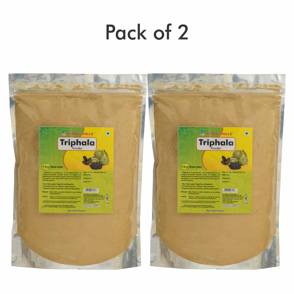 Herbal Hills Triphala 1 kg Powder - (Pack of 2) Natural and Pure Triphala Churna blend (Amla, Harad, Baheda) in a pouch for Healthy Digestion