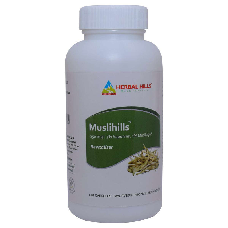 Herbal Hills Muslihills  120 Capsule Safed Musli / Musali powder (chlorophytum borivilianum) 250 mg powder in a capsule to Restore Potency and Acts as Revitalizer