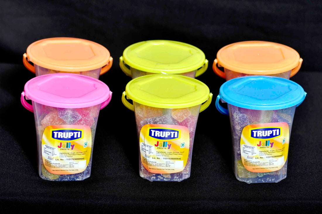 Jelly cube with sugar coated (Mix flavour in Bucket - Set of 6 - 100 gm each) - lonavalafood
