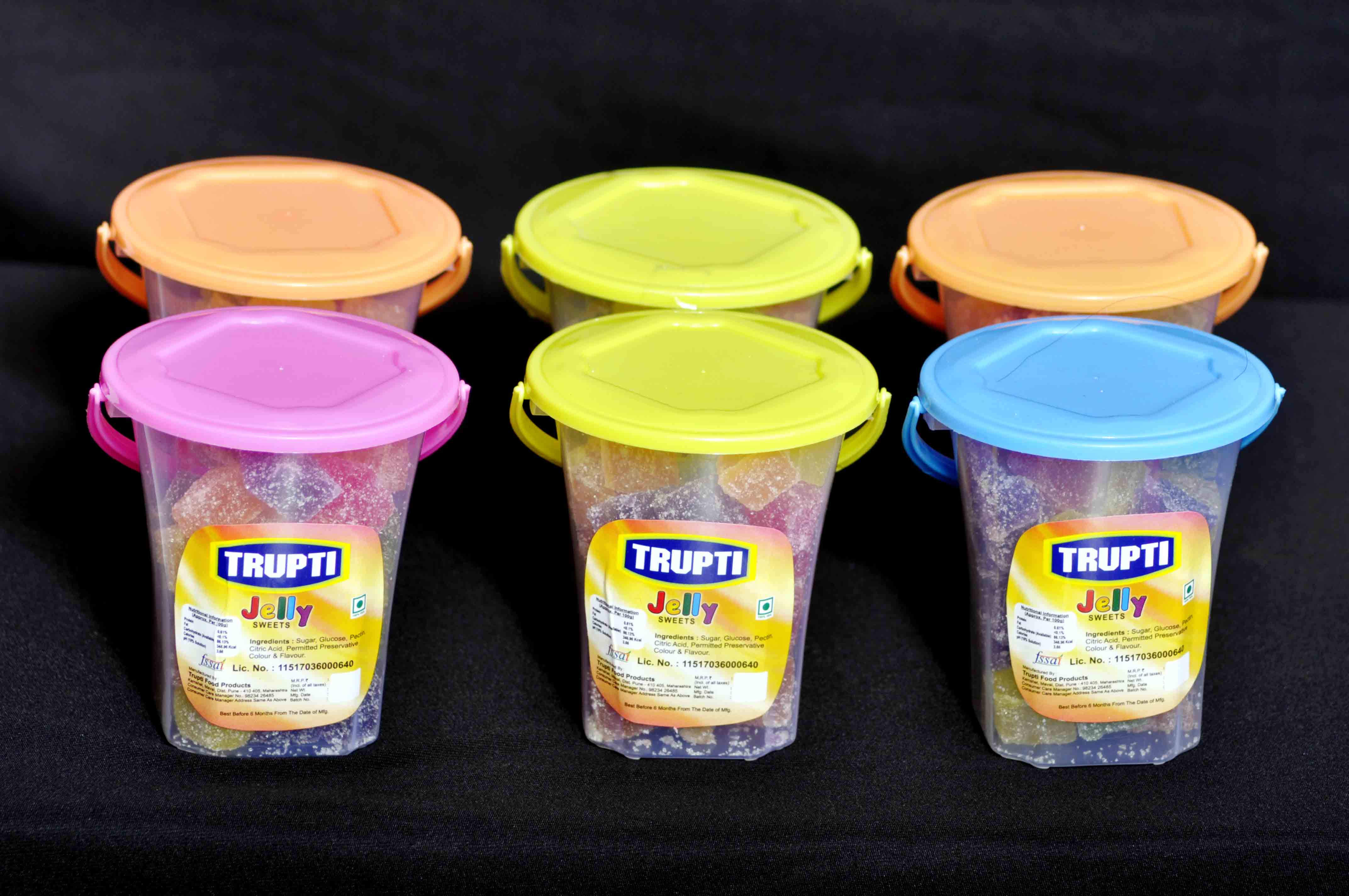 Jelly cube with sugar coated (Mix flavour in Bucket - Set of 6 - 100 gm each) - lonavalafood