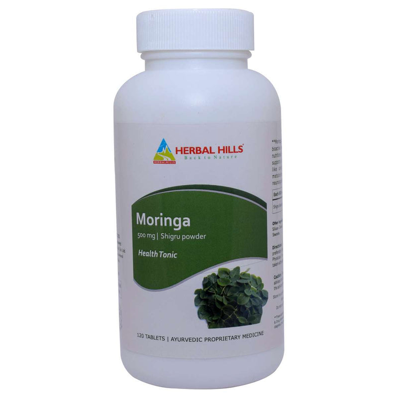 Herbal Hills Moringa 120 Tablets Moringa leaf / Shugru / Drumstick leaf (Moringa Oleifera) 500 mg Powder in a tablet to Support Healthy Kidney, Liver and Heart Functioning
