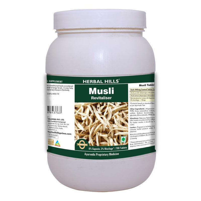 Herbal Hills Musli 700 Tablets Safed Musli / Musali powder (chlorophytum borivilianum) 500 mg extract & powder in a Tablets to Restore Potency and Acts as Revitalizer