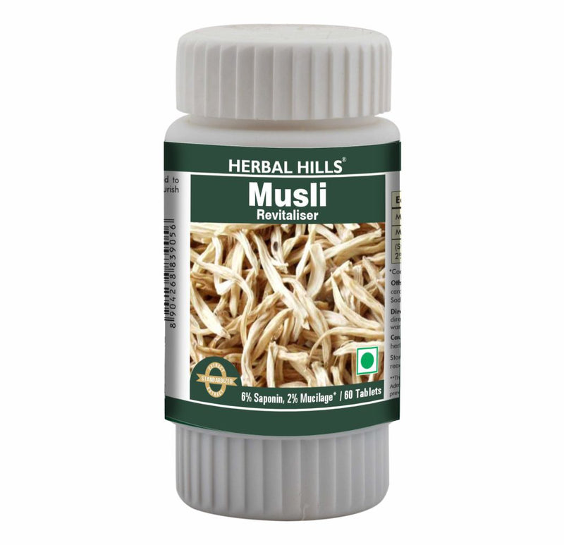 Herbal  Musli 60 Tablets Safed Musli / Musali powder (chlorophytum borivilianum) 500 mg extract & powder in a Tablets to Restore Potency and Acts as Revitalizer